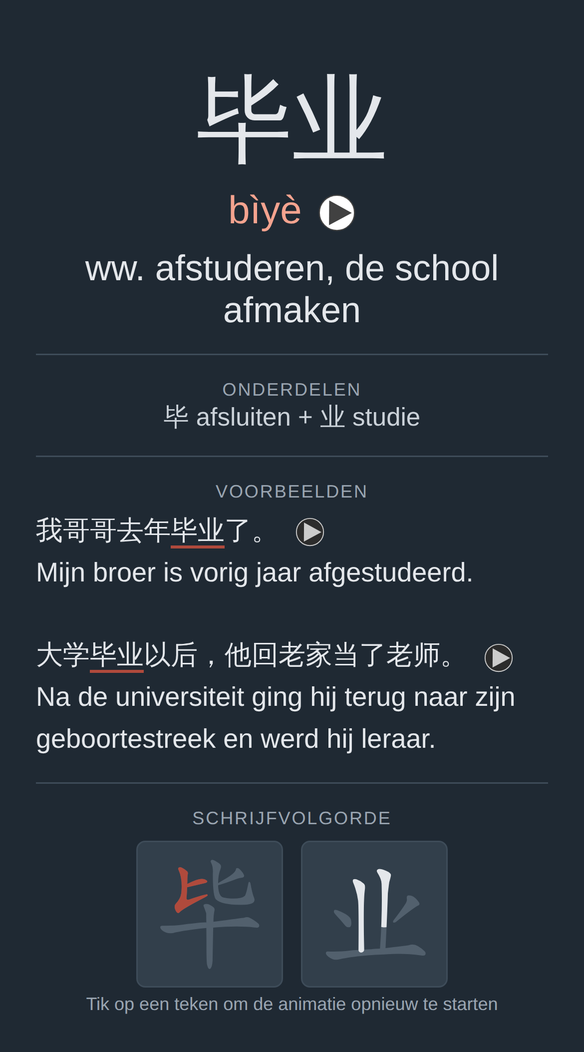 Achterkant van de kaart 毕业 in nachtmodus