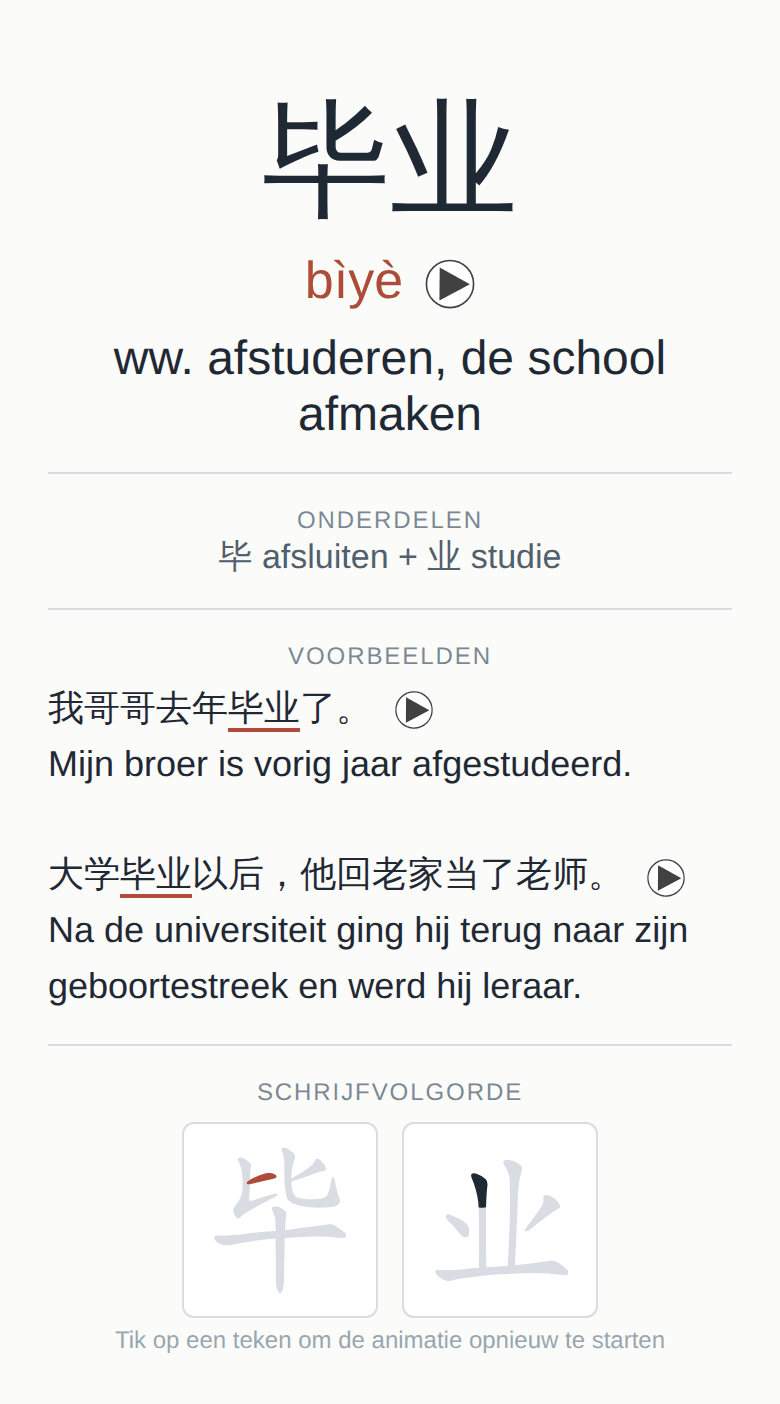 Achterkant van de kaart 毕业 met pinyin, audio, voorbeeldzinnen en geanimeerde schrijfvolgorde